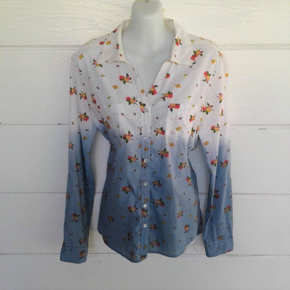 White Blue Floral Button Down Shirt Long Sleeves L - Picture 8 of 8